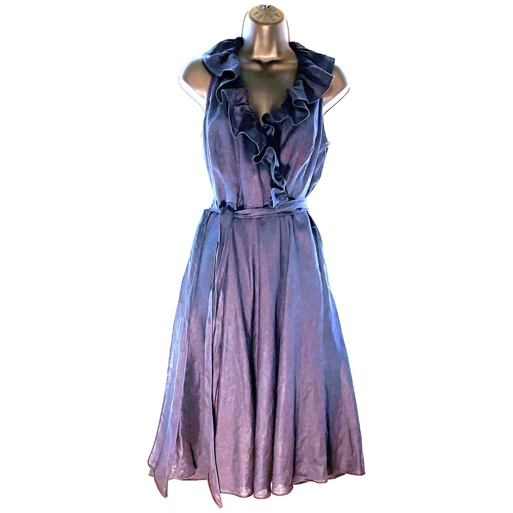 American Living Sleeveless Dress Indigo Aline V-Neck Knee Length Midi 00% Linen